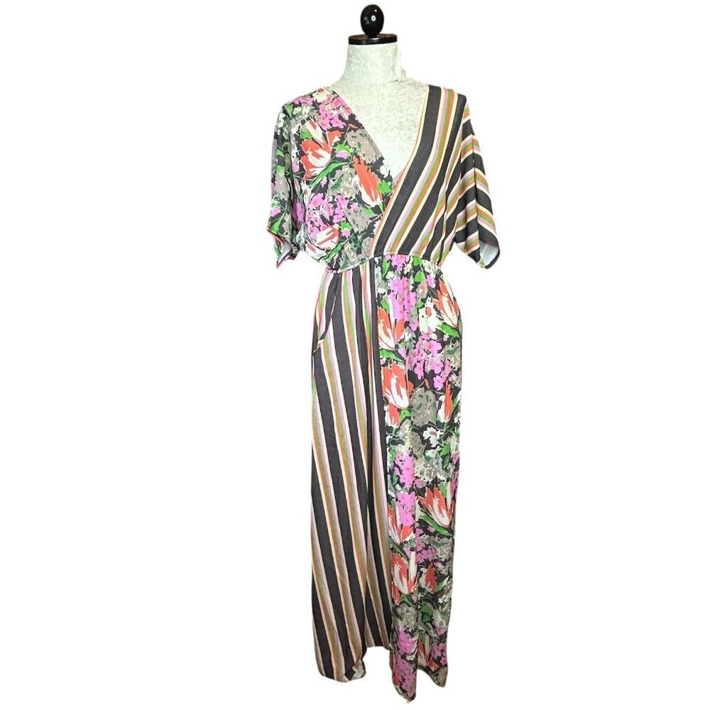 Judith March Striped Floral Maxi Dress Lined Bodice Tank Textured Boho VTG Look